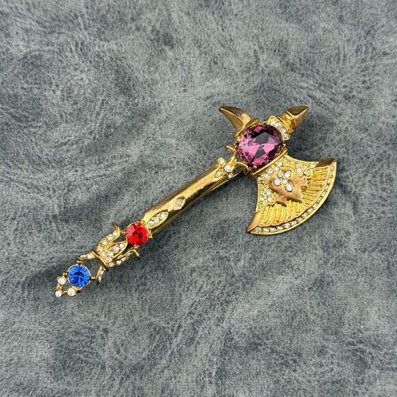 Hatchet Axe Brooch Pendant Vintage Unmarked Gold-tone Metal Rhinestone 3.25" H - Picture 6 of 11